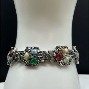 Vintage Celtic design bracelet, colorful glass stones, size 6.5-8.5, no mark